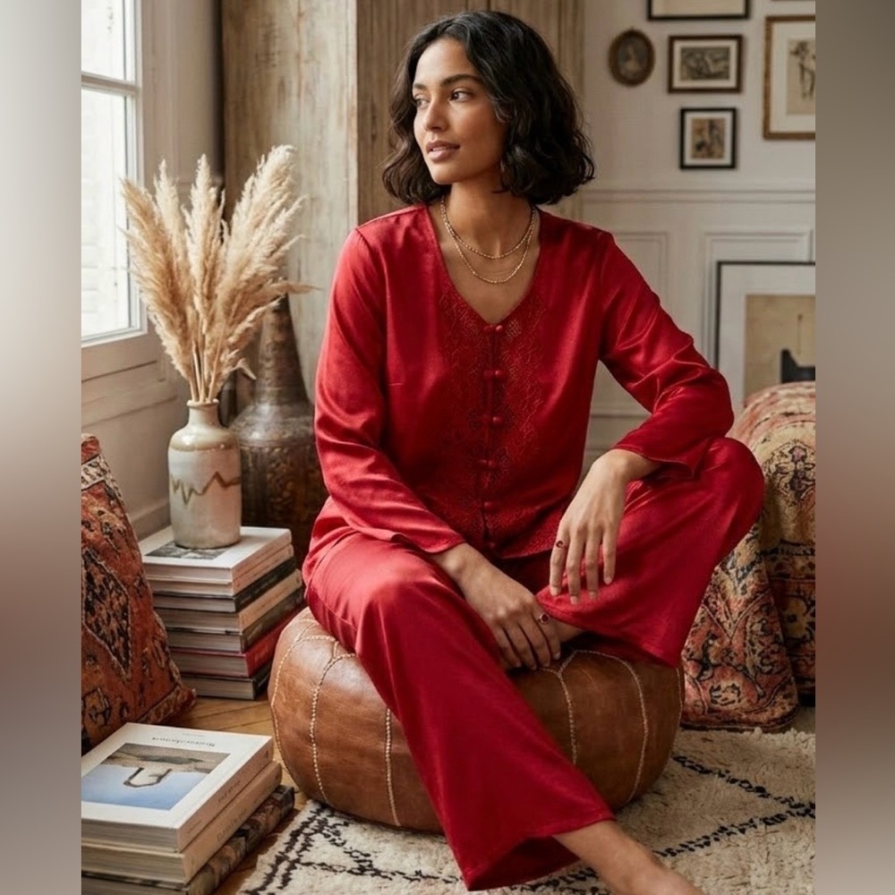 NWT Vintage Victoria’s Secret Gold Label Asian Style Red Satin Pajama Set Sz S